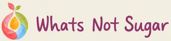 A logo featuring a colorful watercolor pear icon next to the text 'Whats Not Sugar' in a purple handwritten-style font on a light cream background.